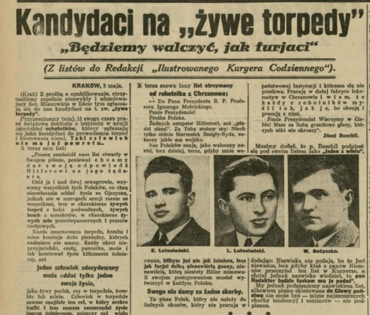 Kandydaci na „żywe torpedy” –  list do „Ilustrowanego Kuriera Codziennego” z 6 maja 1939 r.