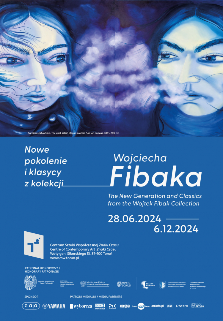 Plakat wystawy "Nowe pokolenie i klasycy z Kolekcji Wojciecha Fibaka". Źródło: Centrum Sztuki Współczesnej w Toruniu