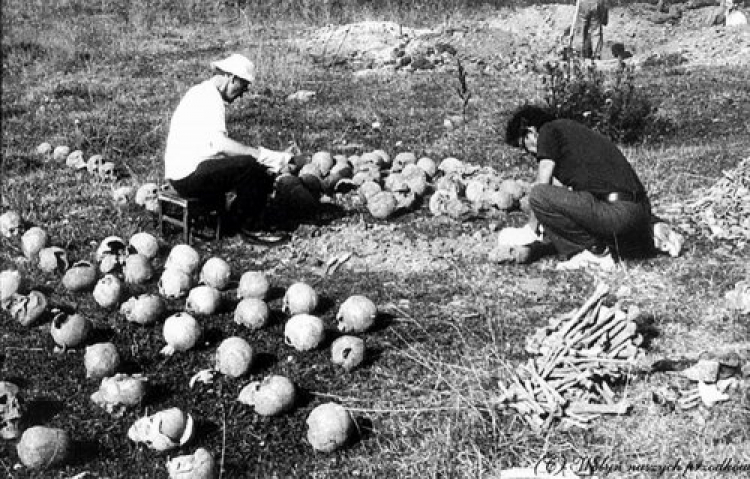 Ekshumacja ofiar z mogił zbiorowych w Woli Ostrowieckiej pow. lubomelski na Wołyniu, 1992 r. Fot. AIPN