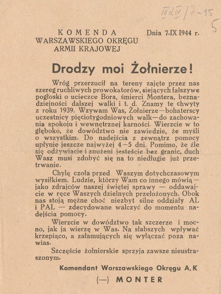 Odezwy Komendanta Okręgu Warszawa i podległych mu dowódców z okresu Powstania Warszawskiego udostępnione przez AAN na portalu szukajwarchiwach.pl