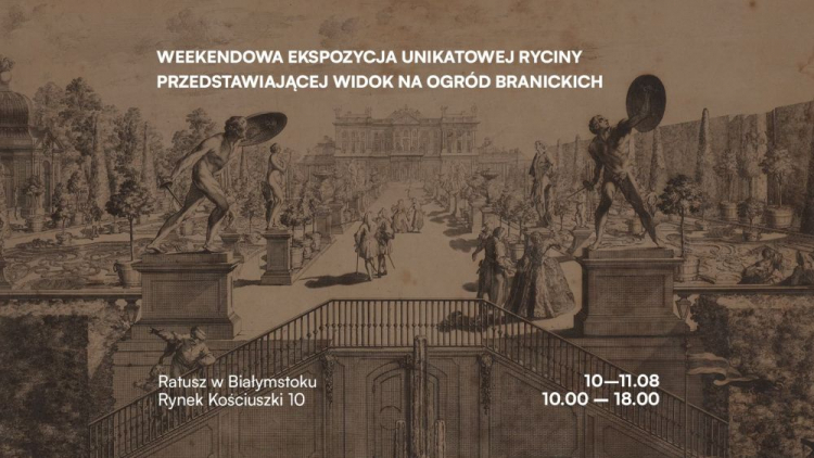 Prezentacja XVIII-wiecznej ryciny przedstawiającej widok na ogród przy Pałacu Branickich w Muzeum Podlaskim w Białymstoku