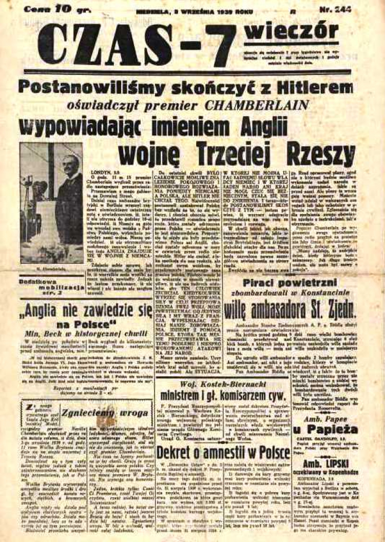 Pierwsza strona popołudniowego dziennika "Czas" z 3 września 1939 r. Źródło: BN Polona.