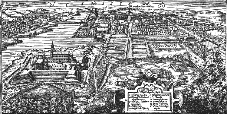 Panorama Nieświeża. Rycina Tomasza Makowskiego z 1604 r. Źródło: Archiwum Ordynacji Nieświeskiej, Wikipedia.