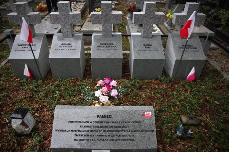 Nowe nagrobki na zbiorowej mogile uchodźców z Powstania Warszawskiego na Cmentarzu Rakowickim w Krakowie. Fot. PAP/Ł. Gągulski