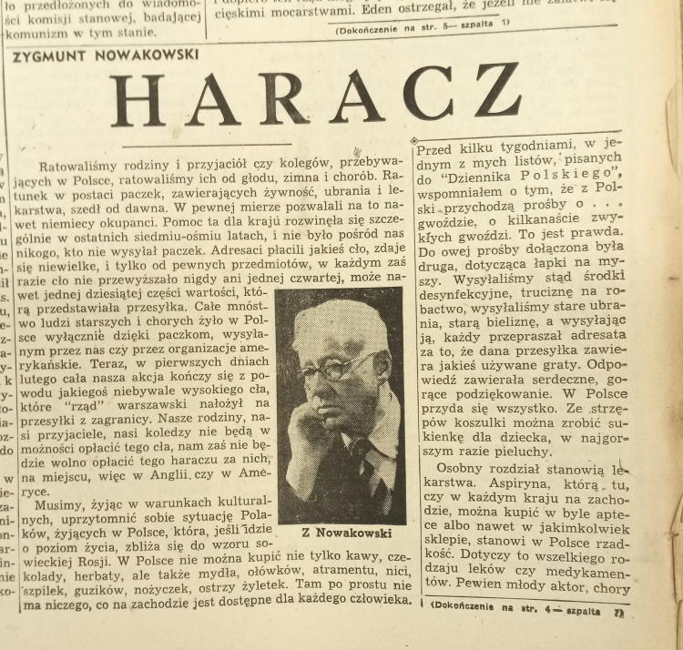 W Haraczu Nowakowski przypomni: „Wysyłaliśmy […] stare ubrania, starą bieliznę, a wysyłając ją każdy przepraszał […], że […] przesyłka zawiera jakieś używane graty”, „Dziennik Polski” (Detroit), 30 stycznia 1954, Biblioteka Polska POSK w Londynie.