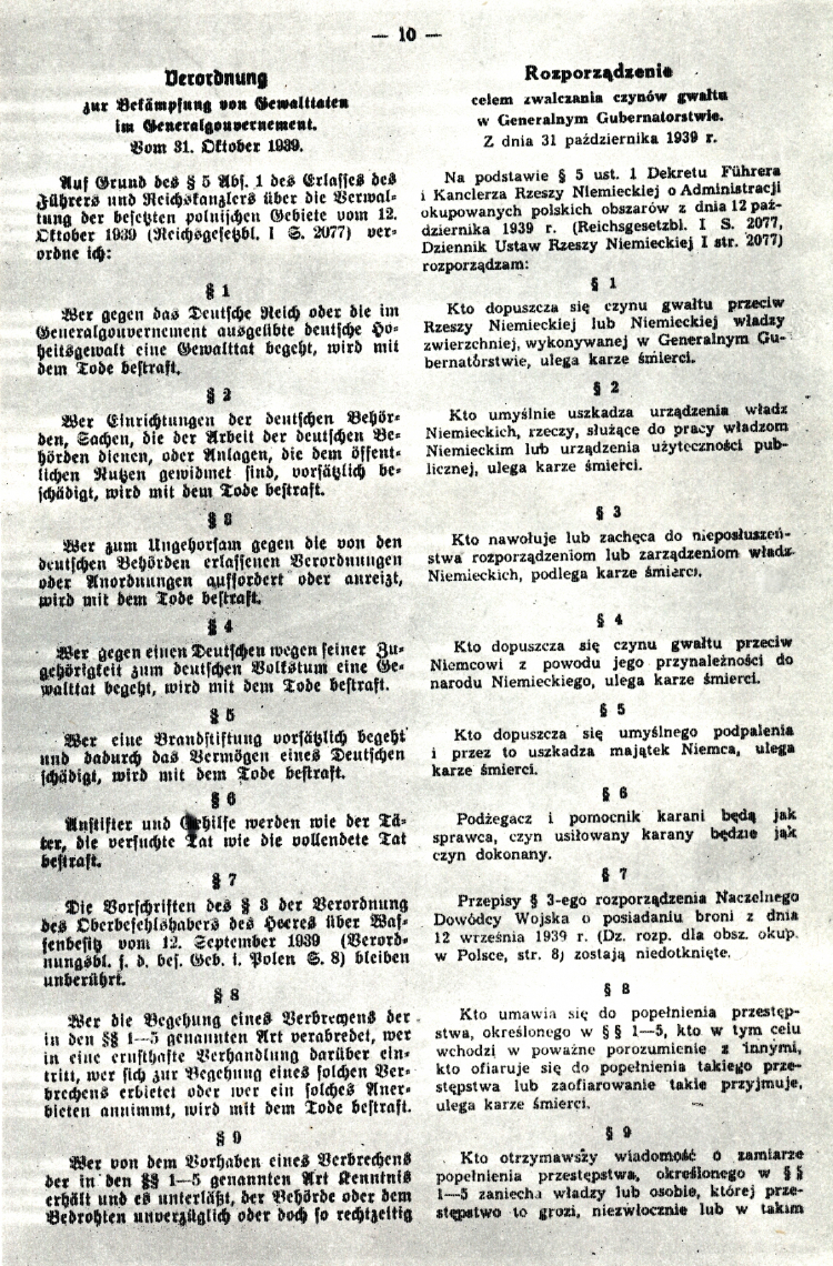 Wykaz czynów karanych śmiercią w zarządzeniu Hansa Franka z 31 października 1939. Źródło: Wikipedia
