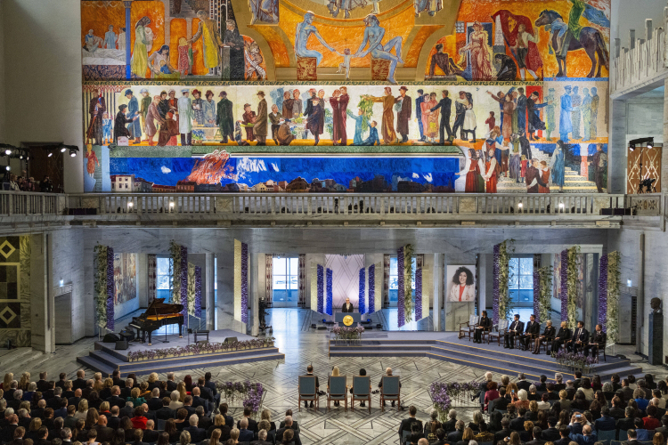 Wręczenie pokojowej Nagrody Nobla w 2023 r. Fot. PAP/EPA/F. Varfjell