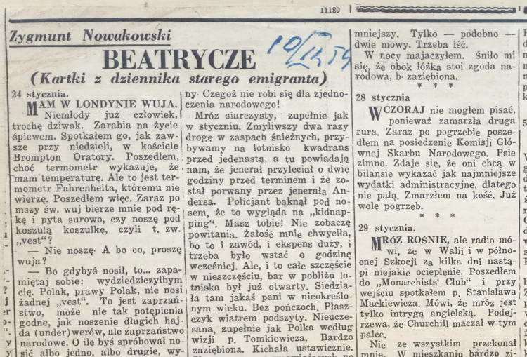 Walka z chłodem potrafi inspirować, o czym mówi felieton z 10 lutego 1954 roku („Dziennik Polski i Dziennik Żołnierza”), Biblioteka Polska POSK w Londynie.