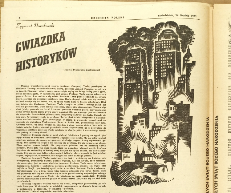 Jakkolwiek Zygmunt Nowakowski hołduje zasadzie wyrażonej w liście do Róży Celiny Otowskiej 23 grudnia 1961 roku, że prawdziwa wilia „może być tylko w Polsce” to rzadko opędzi się bożonarodzeniowym zleceniom… Winieta „Gwiazdki historyków”, „Dziennik Polski” w Detroit, Wigilia 1951.