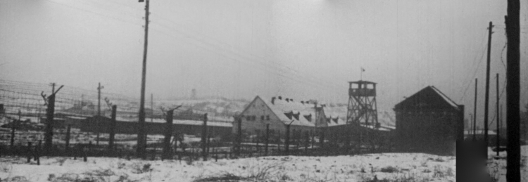 Widok na opuszczony teren poobozowy, ogrodzenie zewnętrzne i zasieki KL Plaszow od strony ul. Swoszowickiej, w tle widoczna wieża wartownicza na C-Dołku, 1945(?); za Józef Sawajner, „W podziemiach tajnej drukarni”, Kraków 1947.