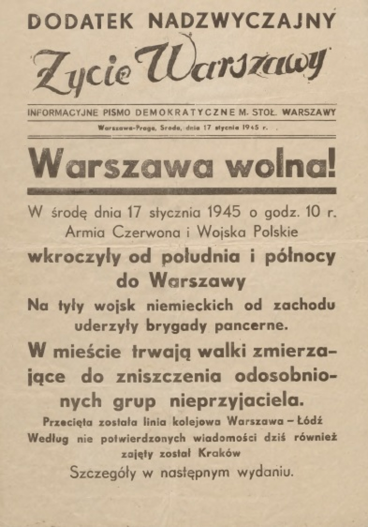 Dodatek nadzwyczajny „Życia Warszawy” z 17 stycznia 1945 r. /Źródło: Wikipedia