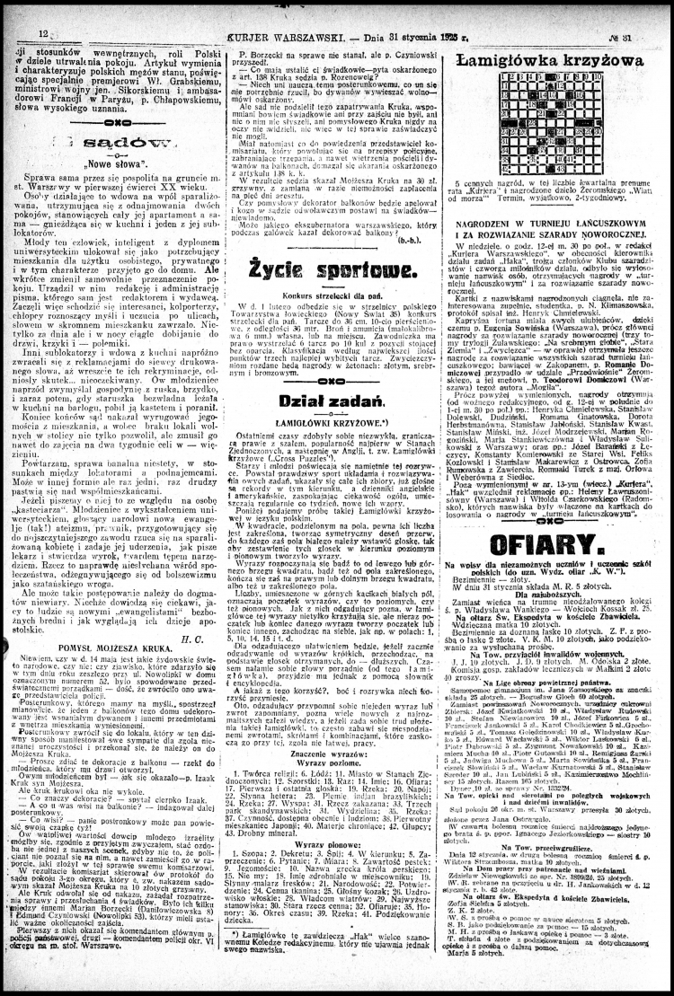 Kurjer Warszawski z 31 stycznia 1925 r. Pierwszą polską krzyżówkę redakcja zamieściła na 12 stronie wydania wieczornego. Fot. BN/polona.pl