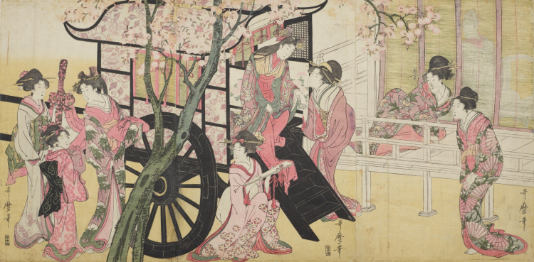 Księżniczka wysiadająca z powozu/Gissha no bijin, ok. 1801–1804 Nishiki-e – drzeworyt barwny na papierze. Fot. mnk.pl