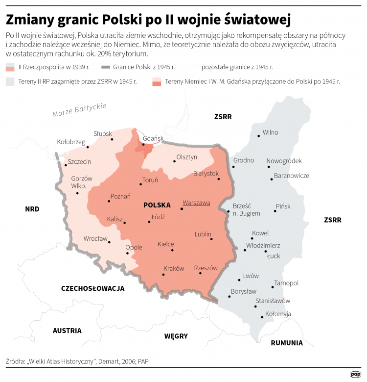Zmiany granic Polski po II wojnie światowej, infografika PAP/Adam Ziemienowicz, Maciej Zieliński, Michał Czernek