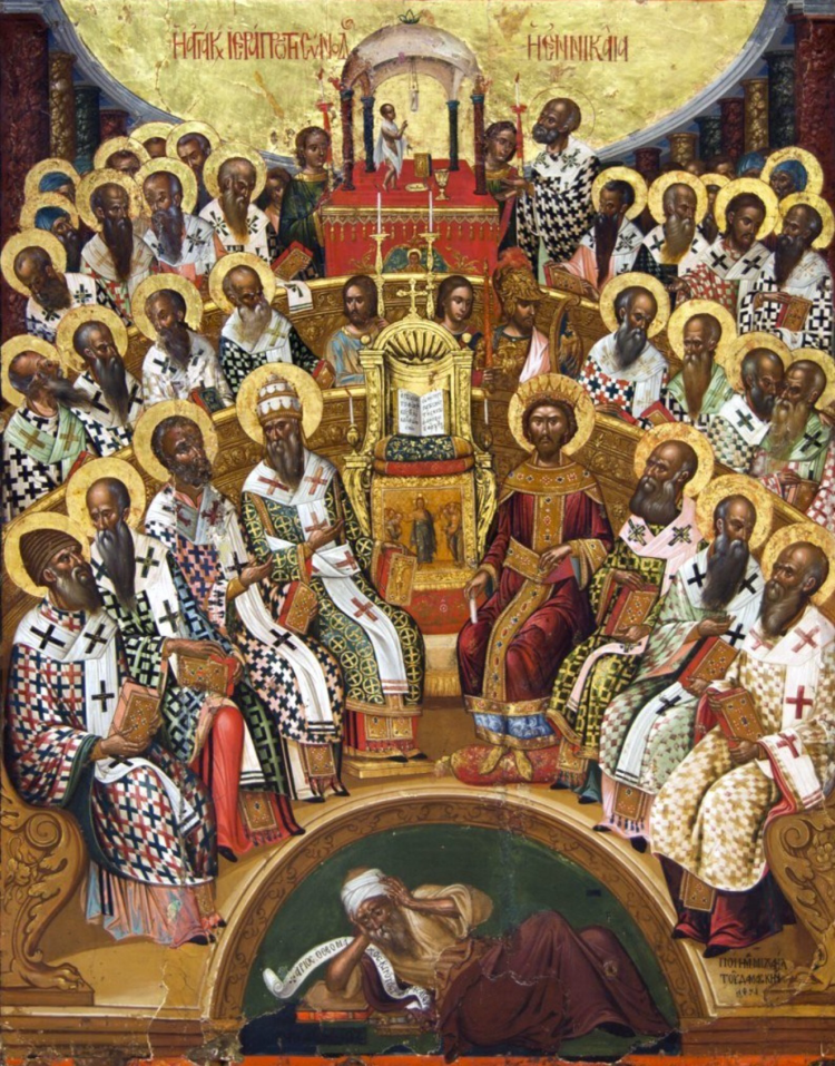 Sobór nicejski. Ikona Michaela Damaskenosa z XVI wieku. Wykonana dla klasztoru Wrontisi na Krecie. Przechowywana w muzeum w Heraklionie /Źródło: Wikipedia