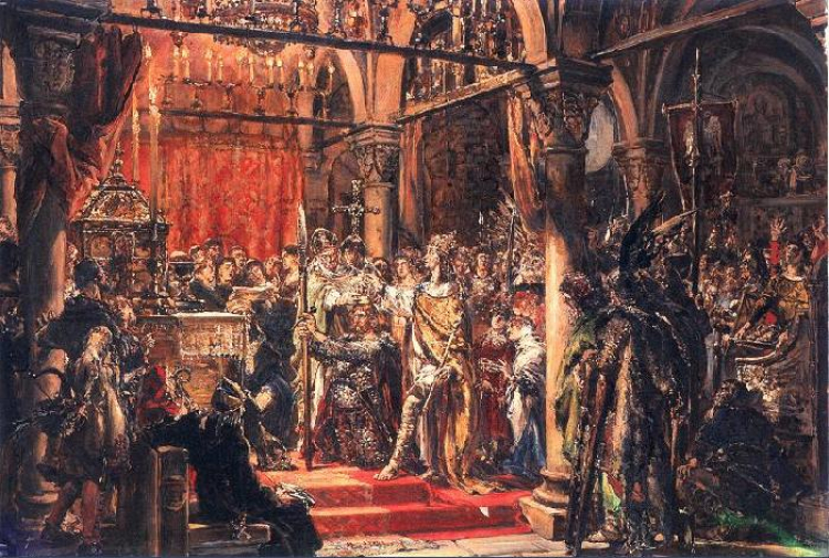 Jan Matejko, Koronacja pierwszego króla, z cyklu "Dzieje Cywilizacji w Polsce". /Źródło: Wikipedia