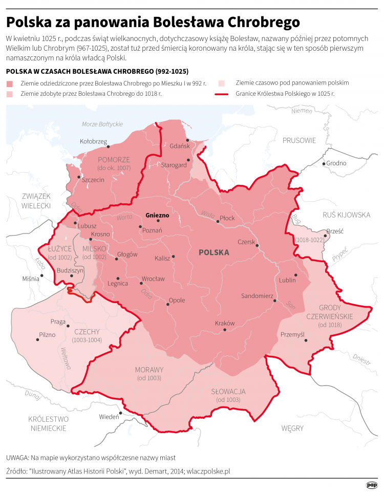 Polska za panowania Bolesława Chrobrego, infografika PAP/Michał Czernek