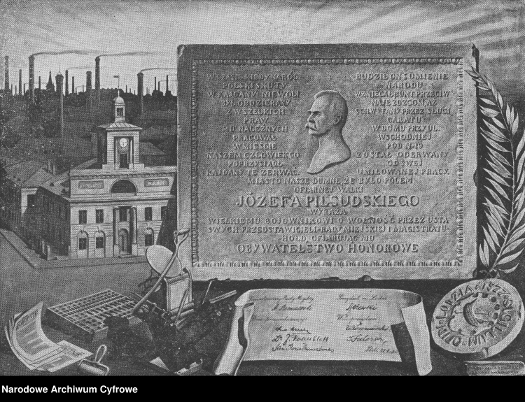 Dyplom honorowego obywatelstwa miasta Łodzi dla Naczelnika Państwa Józefa Piłsudskiego, wykonany przez Wiesława Lisowskiego, 1919 r. /NAC