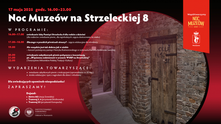 Plakat zapowiadający Noc Muzeów w Izbie Pamięci przy. ul Strzeleckiej w Warszawie