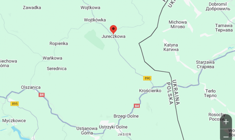 Jureczkowa w obecnym powiecie bieszczadzkim. Fot. Mapy Google