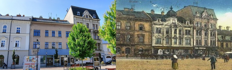 Na zdjęciu po lewej - kamienica obecnie (środkowa), po prawej - w przeszłości. Fot. Jacek Kachel/WP UM Bielsko-Biała