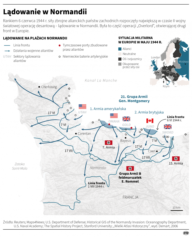 Lądowanie aliantów w Normandii, infografika PAP/Maciej Zieliński, Michał Czernek, Adam Ziemienowicz
