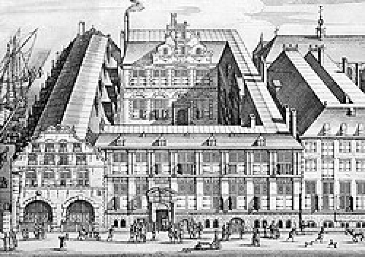 Siedziba Kompanii Wschodnioindyjskiej w Amsterdamie na rycinie z XVII w. Fot. Wikipedia