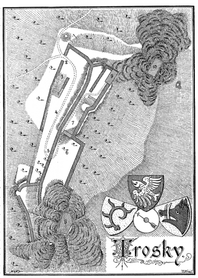 Plan zamku Trosky z roku 1895 r. /Źródło: cs.wikipedia