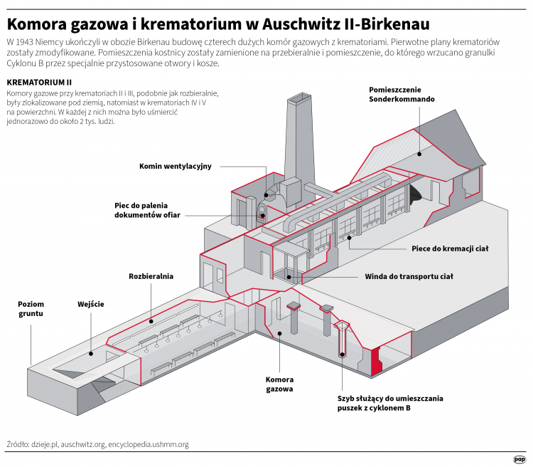 Krematorium i komora gazowa w KL Auschwitz II, infografika PAP/Adam Ziemienowicz