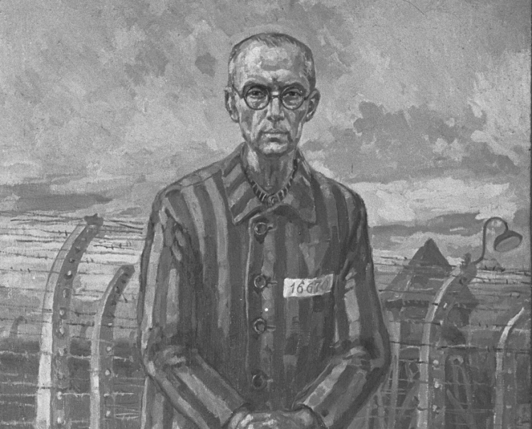 Fragment obrazu przedstawiającego ojca Maksymiliana Kolbego w KL Auschwitz. Fot. PAP/CAF/Lech Surowiec