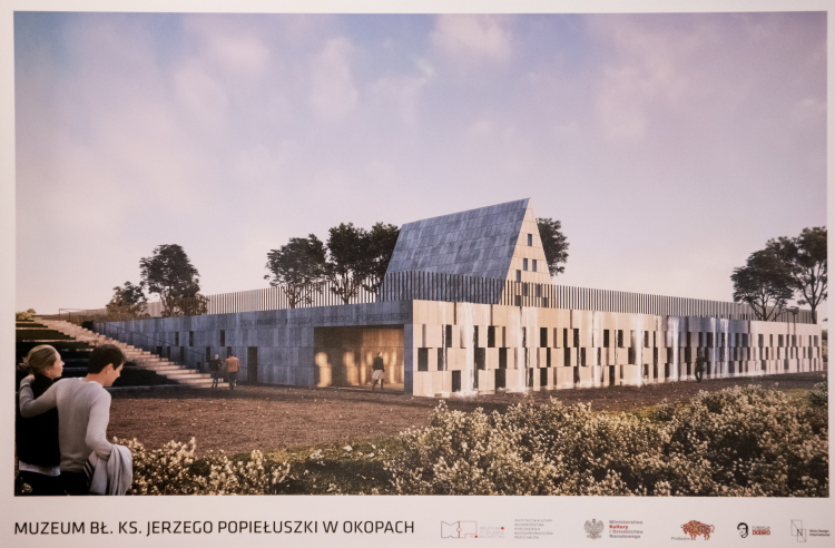Wizualizacja siedziby Muzeum bł. ks. Jerzego Popiełuszki prezentowana w 2022 r. podczas podpisania porozumienia między Fundacją „Dobro” a Muzeum Podlaskim w Białymstoku. Fot. PAP/Michał Zieliński