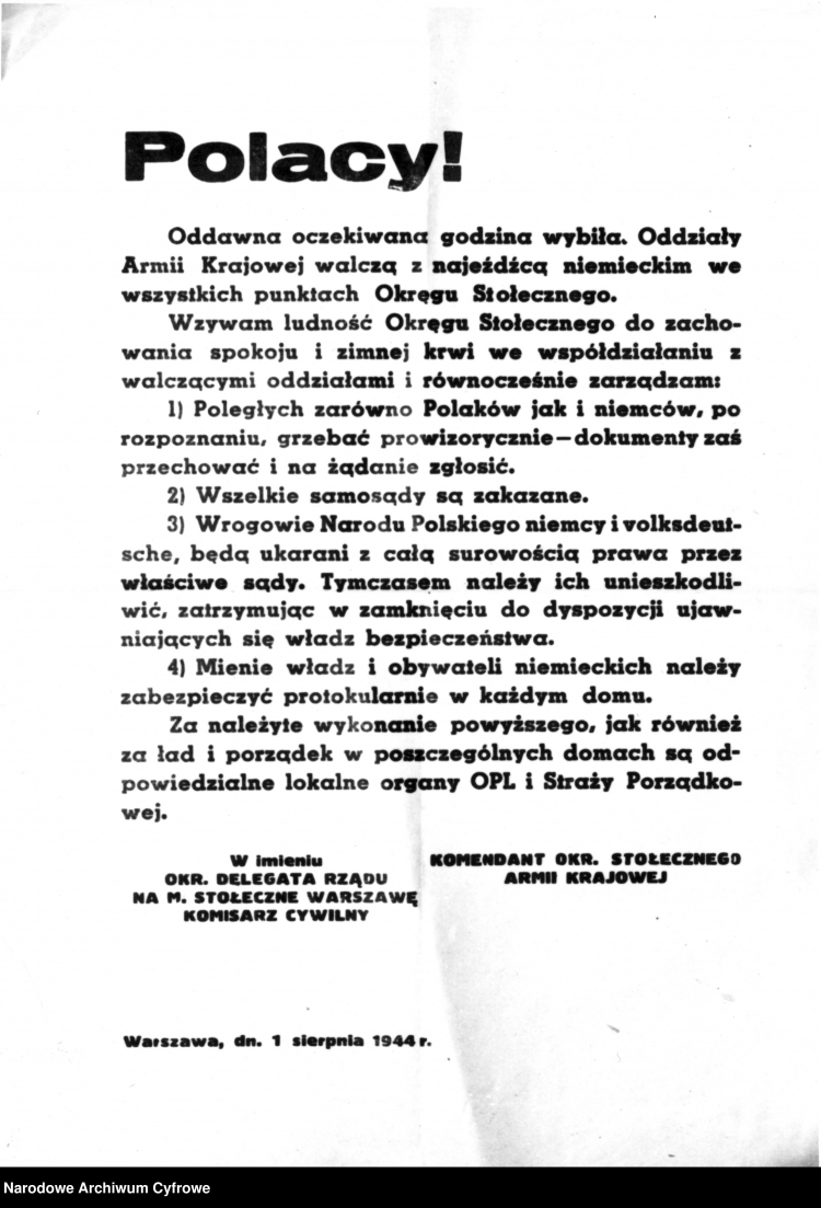 Ulotka dowództwa Armii Krajowej zawiadamiająca o rozpoczęciu powstania, 1 sierpnia 1944 r. /NAC