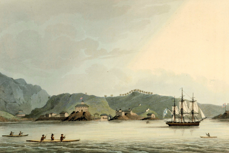 Rosyjskie osiedle Portu Świętego Pawła na Alasce, dzisiejsze miasto Kodiak, wyspa Kodiak, 1814. Źródło: en.wikipedia.