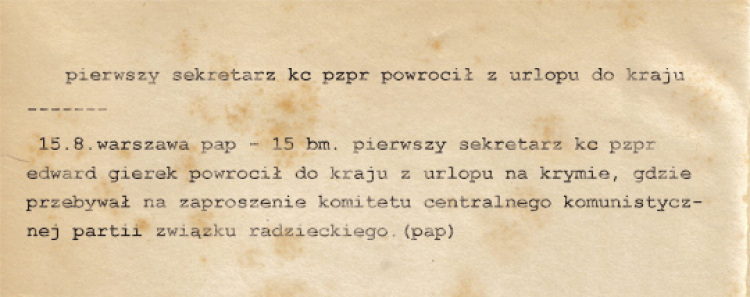 Depesza PAP z 15 sierpnia 1980 informująca o powrocie Edwarda Gierka z urlopu na Krymie. Fot. PAP