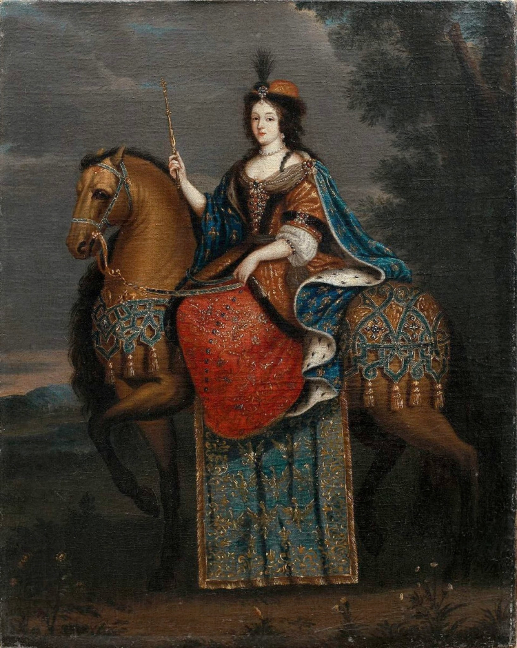 Portret królowej Marii Kazimiery w stroju koronacyjnym na koniu z lat 70. XVII w. Źródło: Unidentified painter, Public domain, via Wikimedia Commons