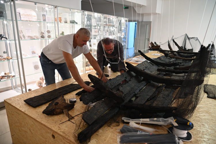 Muzeum w Kamieniu Pomorskim składa fragmenty wczesnośredniowiecznej łodzi. Fot. PAP/Marcin Bielecki