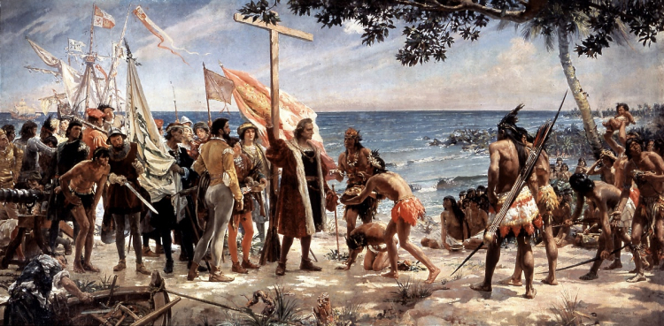 „Pierwszy hołd dla Kolumba” autorstwa Garnelo (1892, olej na płótnie)