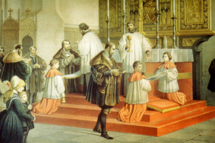 Książę Albrecht w katedrze w Królewcu przyjmuje po raz pierwszy komunię według protestanckiego rytu, akwarela Ludwiga Rosenfeldera z 1852 r. /Źródło: de.wikipedia
