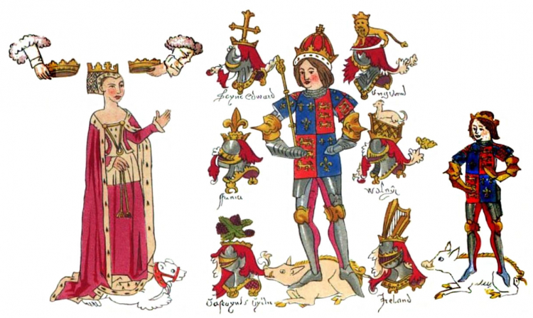 Iluminacja z 1483 r. przedstawiająca króla Ryszarda III, jego żonę Annę Neville i ich syna Edwarda. Źródło: en.wikipedia