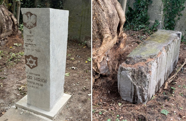 Nagrobek Icchaka Izydora Hirscha po renowcji i przed nią. Fot. Muzeum Żydowskie w Oświęcimiu