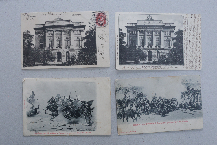 Archiwalne pocztówki z zasobów Biblioteki Uniwersytetu Warszawskiego prezentowane w Gabinecie Dokumentów Życia Społecznego BUW. Fot. PAP/Rafał Guz