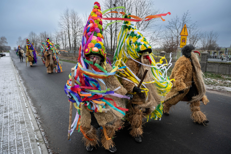 Uczestnicy konkursu "Brodacz Roku 2025" w Sławatyczach, 29 bm. w ramach wielopokoleniowej tradycji symbolicznego pożegnania starego roku. Fot. PAP/Wojtek Jargiło