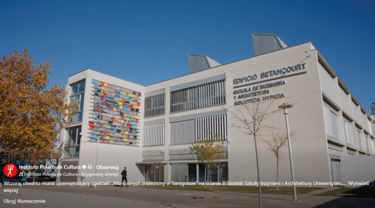 „Rękopis znaleziony w Saragossie” upamiętniony na fasadzie biblioteki w Saragossie. Fot. Instituto Polaco de Cultura