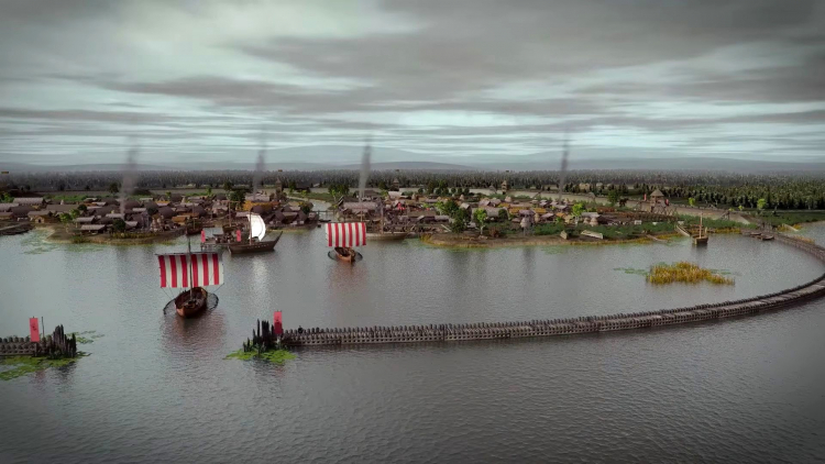 Wizualizacja Truso. Źródło: Muzeum Archeologiczno-Historyczne w Elblągu, CC BY 3.0 <https://creativecommons.org/licenses/by/3.0>, via Wikimedia Commons