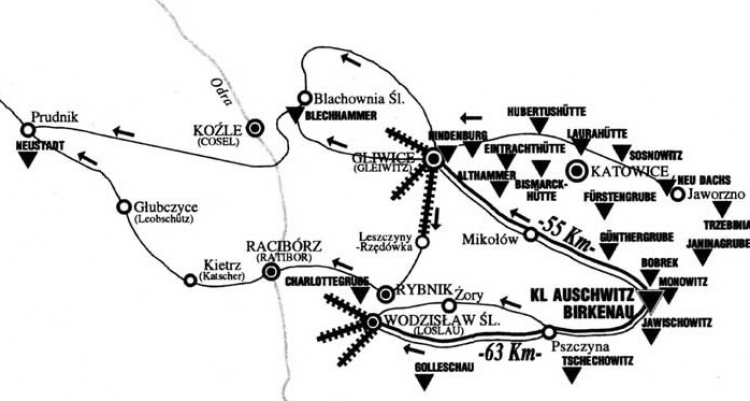 Trasy ewakuacyjne z KL Auschwitz/Źródło: MIEJSCE PAMIĘCI I MUZEUM AUSCHWITZ-BIRKENAU