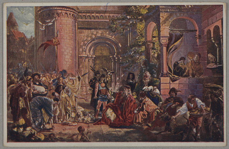 Obraz Jana Matejki „Przyjęcie Żydów Roku Pańskiego 1096” na pocztówce ze zbiorów Muzeum Polin. Fot. kolekcje.polin.pl 