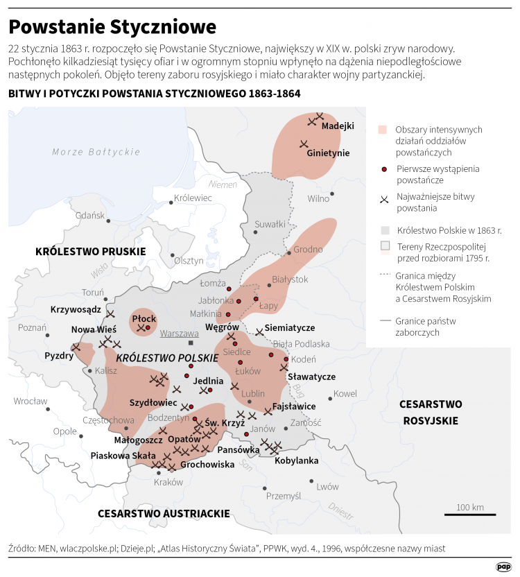 Powstanie styczniowe. Infografika PAP/Adam Ziemienowicz, Maciej Zieliński