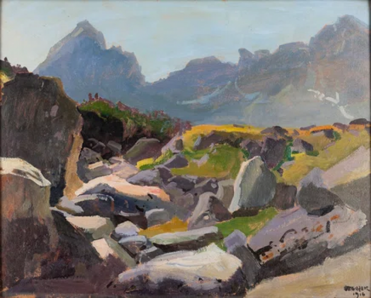 Obraz Stanisława Gałka Kościelec i Świnica z Doliny Gąsienicowej wylicytowany na aukcji w Desa Unicum za 17 tys. zł. Fot. Desa Unicum