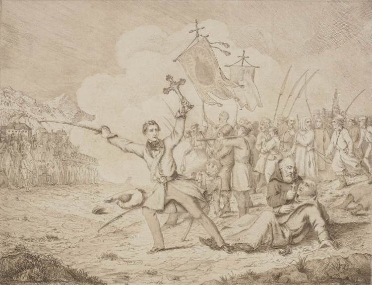 Edward Dembowski na czele procesji z 27 lutego 1846 na akwaforcie Józefa Bohdana Dziekońskiego. Źródło: Józef Bohdan Dziekoński, Public domain, via Wikimedia Commons