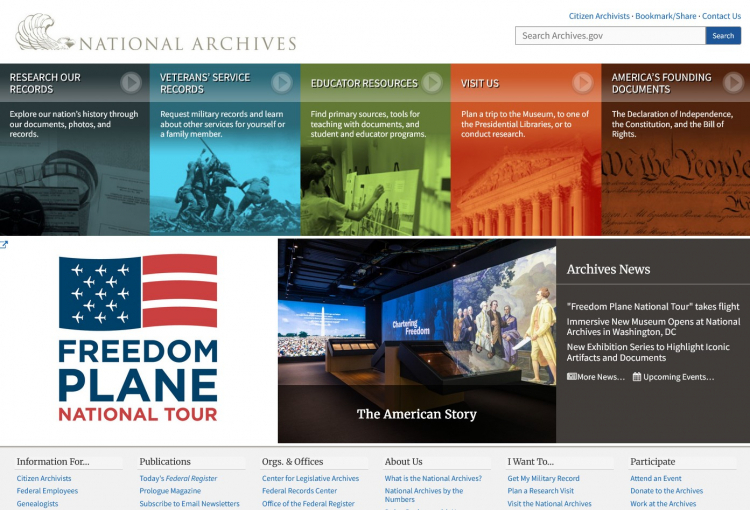 Strona główna NARA. Fot. screen/archives.gov